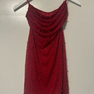 Embellished cowl neck mini dress in Red